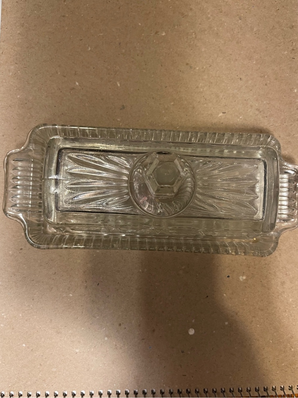 Vintage Clear Pressed Glass Covered Butter Dish Starburst Diamond Lid - Picture 2 of 6